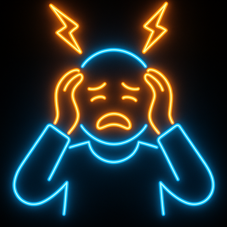 Person mit Kopfschmerzen, dargestellt durch eine traurige Mimik und Blitze um den Kopf.